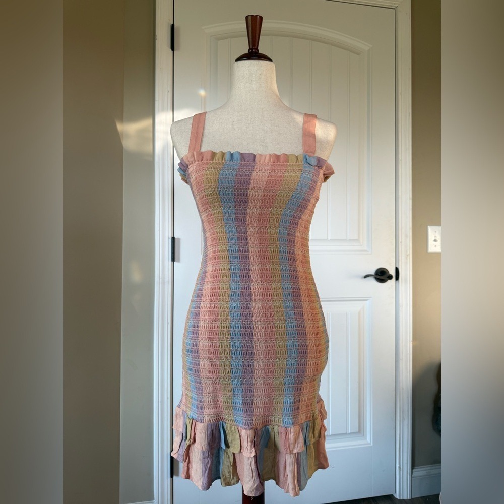 American‎ Eagle Rainbow Smocked Ruffle Mini Dress XS